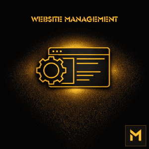 Gouden geometrische website en tandwielicoon op een zwarte achtergrond met een zachte gouden tegenverlichting en Motekx-favicon in de rechterbenedenhoek.