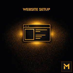 Gouden geometrisch website-layout-icoon op een zwarte achtergrond met een zachte gouden tegenverlichting en Motekx-favicon in de rechterbenedenhoek.